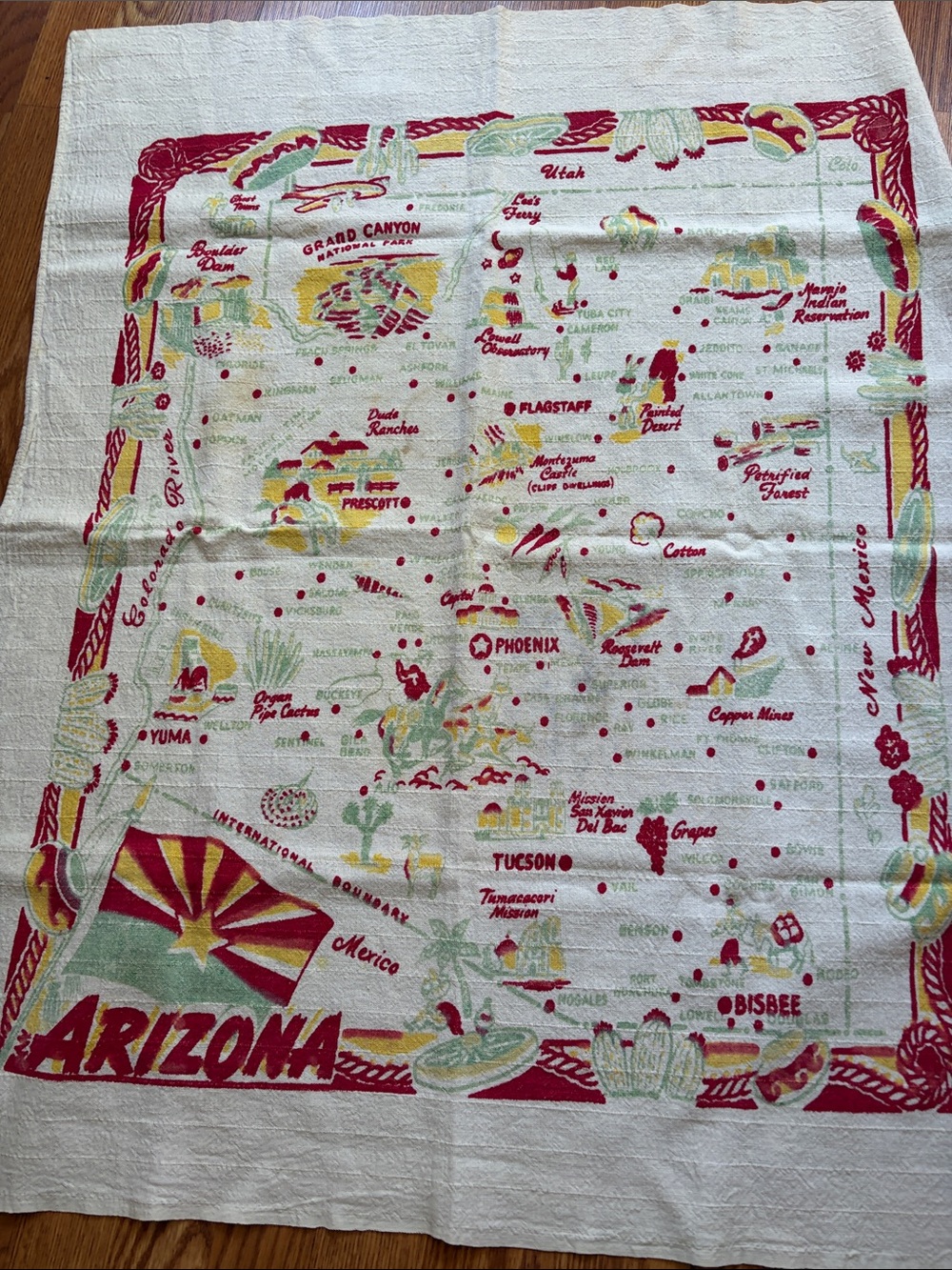 Arizona Map Kitchen Tea Towel - Red & Green